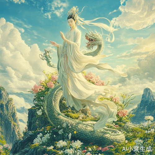 观世音菩萨站龙背奔跑在盛开格桑花的草原