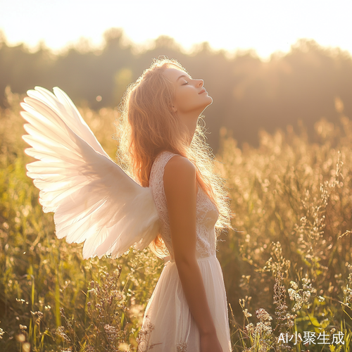 春天草地上发光的天使仰视柔和阳光与骨感美