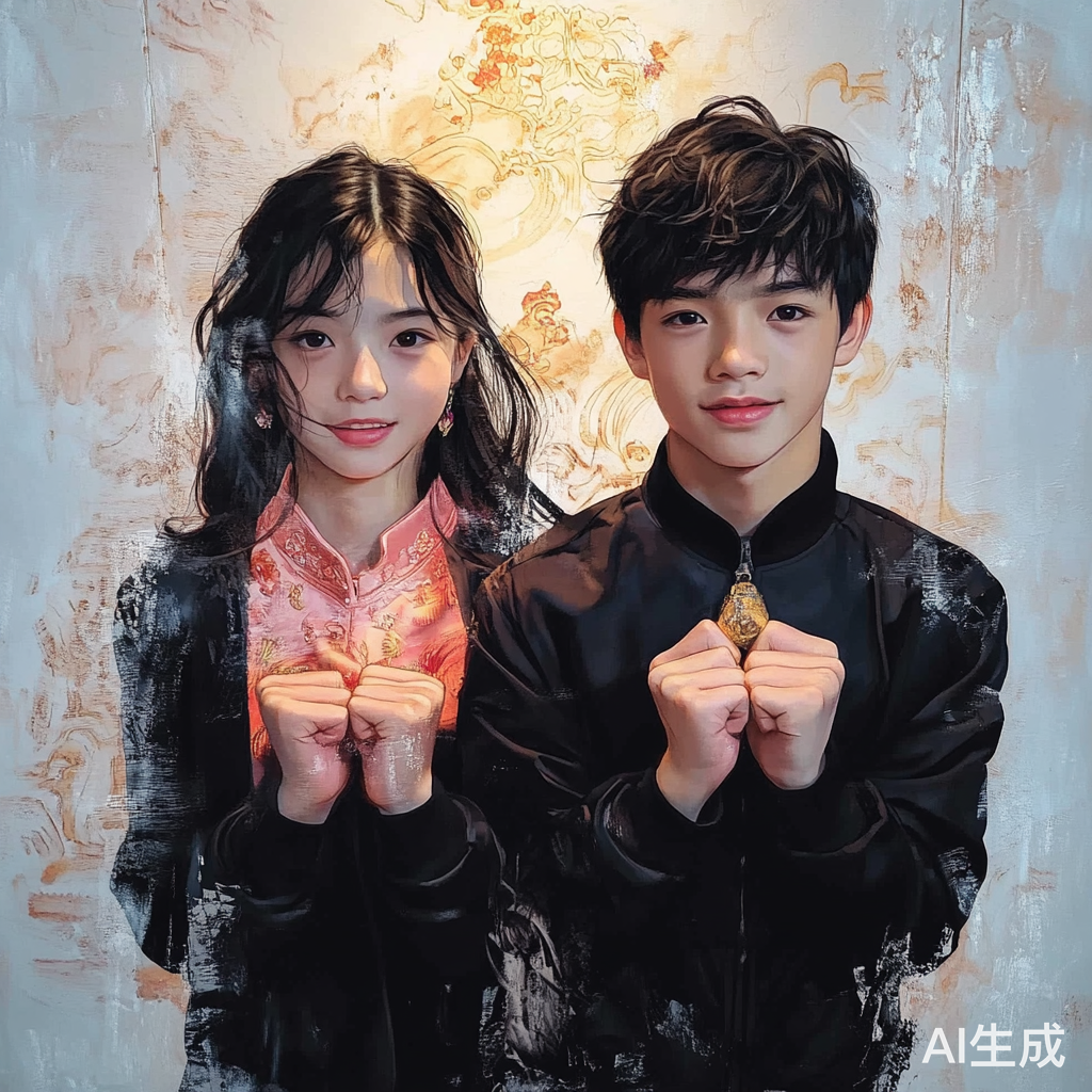 美少男美少女在干净背景下的三色调高对比度展示