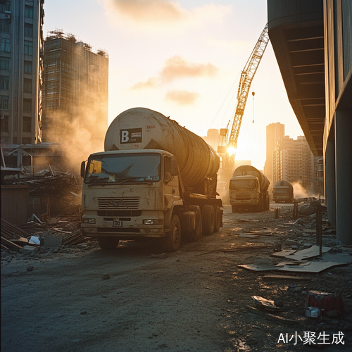 日落下的美式水泥卡车与混乱场景