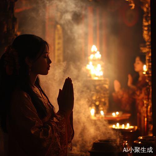 古老寺庙中的信徒祈祷与内心宁静