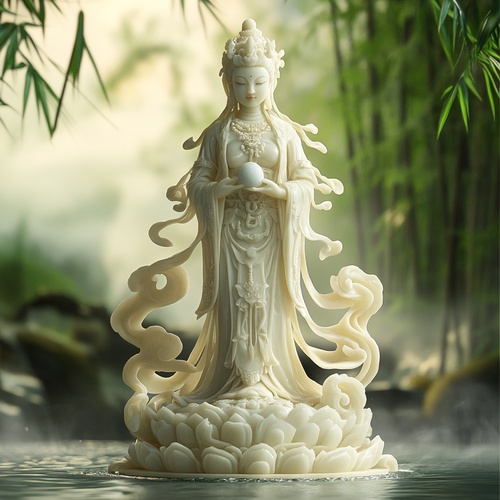 和田玉雕刻的女娲雕像，展现出细腻的工艺与典雅的气质。雕像身穿华美的古代服饰，手握补天石，面容神秘而温柔，背景为柔和的光线和祥云环绕，体现出古老神话的氛围与神秘感，四周有竹林和流水，增添宁静之感。