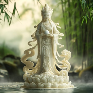 和田玉雕刻的女娲雕像,展现出细腻的工艺与典雅的气质。雕像身穿华美的古代服饰,手握补天石,面容神秘而温柔,背景为柔和的光线和祥云环绕,体现出古老神话的氛围与神秘感,四周有竹林和流水,增添宁静之感。