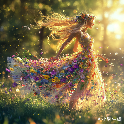 花仙子在阳光草地上的梦幻舞蹈