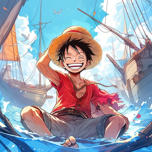 海贼王路飞的素描，展现他充满活力的笑容，扎着标志性的草帽，身穿红色衬衫和短裤，手握橡胶拳，背景为蓝色海洋和白色帆船，阳光照耀，海浪轻拍。细致描绘他的眼神和发型，突出冒险精神与友谊的主题。