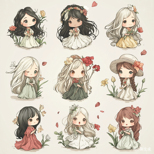 A set of nine charming Chibi-style illustrations set against a light beige backdrop. Each adorable girl has distinct hair colors, from golden tresses to raven - black locks. They're dressed in a delightful variety of outfits, including flowing dresses, practical work clothes, and stylish hats. The girls interact intimately with the surrounding floral elements. They tenderly hold lilies with their dainty fingers, gracefully pluck roses, and nuzzle other beautiful blooms. Some of the girls are accompanied