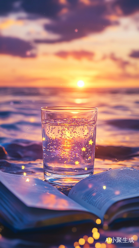 Seaside, sunset, a glass of water, an open book next to it. There are twinkling stars in the cup, creating a profound artistic conception. The screen is clean and beautiful.