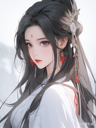 A beautiful girl with long black hair, wearing an ancient - style white dress. Her hair is half - tied up, and there are some strands of hair fluttering on her face. There is a red mark on her forehead. Her eyes are blue - gray, with a hint of red around the eyes, looking very charming. She has red lips and wears jade - like earrings with tassels. The background is plain white, creating a sense of tranquility and elegance.