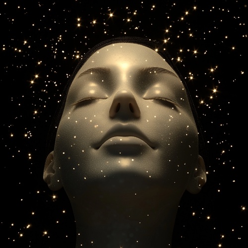 美丽动人的人类明星头像，面部轮廓立体，五官精致，肌肤光滑发亮，展现出自信的微笑。背景为深邃的黑色，突显出主体的明亮与细腻，左上角干净整洁，无多余元素，使整体画面更加简洁有力。