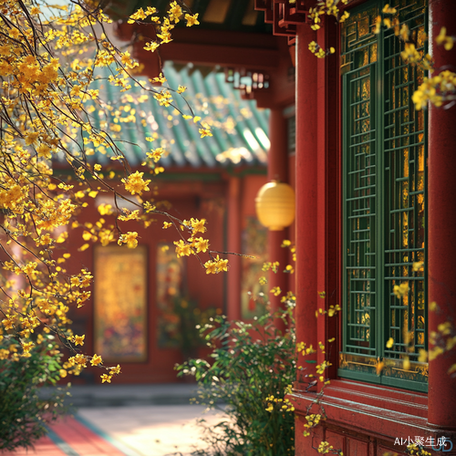 A cluster of red walls, green tiles, and yellow wintersweet flowers. Ancient style scene, hollowed out glass windows, swaying bamboo leaves