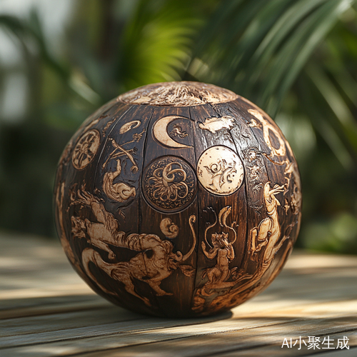 超写实海南椰子壳雕刻的十二生肖与热带风景