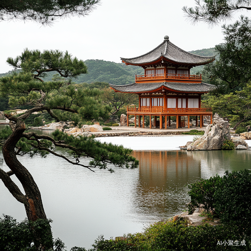 假山之外是白茫茫的野地，风吹芦苇，满地白。野地之中修建了精美的亭台楼阁，中间是一座精美的五角凉亭。