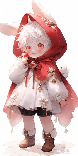 Ultra-detailed 8K illustration of an irresistibly cute young boy, full-body central composition. Features: snow-white hair with soft fluffy texture, large sparkling pink eyes, rosy flushed cheeks. Outfit: vivid red hooded cloak with golden clasp, crisp white collared shirt, black shorts, and matching black thigh bands. Whimsical details: oversized fluffy rabbit ears with pink inner fur, a plush bunny tail, and subtle red ribbon accents. Playful pose radiating innocence, soft pastel lighting with delicate sp