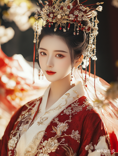 8k, RAW Photo, Best Quality，Beautiful Costume, antique bride with Chinese red Dress, Complex Costume, Traditional Beauty, Gorgeous Chinese Model, Chinese Costume，Wearing Phoenix Crown, Smile，Chinese ancient elements