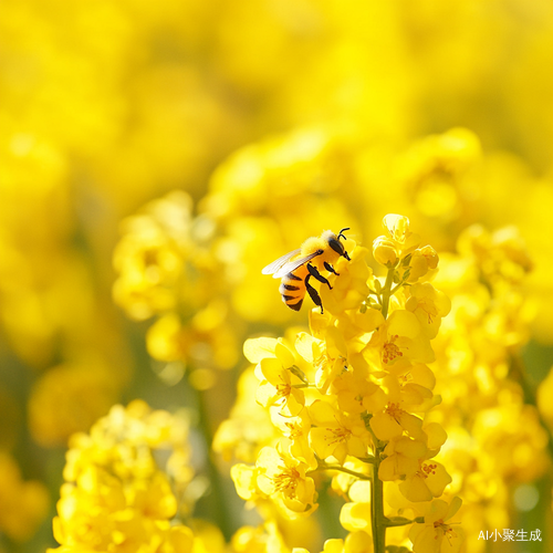 On a sunny day, an endless field of rapeseed flowers appears, with yellow and radiant flowers resembling a golden ocean. The gentle breeze blows, creating layers of waves. The screen adopts the technique of background blurring to focus on a rapeseed flower. This rapeseed flower is delicate and juicy, with delicate and textured petals. A diligent bee lightly rests on the flower, its furry body peeking out in the golden pollen, focused on collecting nectar. The entire screen is high-definition and delicate, a