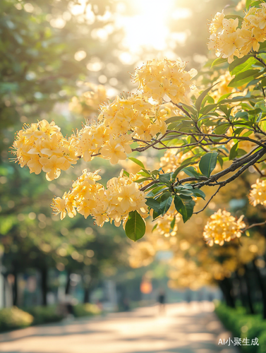 阳光下盛开的黄色大桂花与小绿叶的真实美景