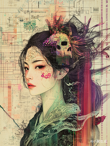 Data Flow Portrait of Anna Dittmann with Fractal Patterns and Peking Opera Influence