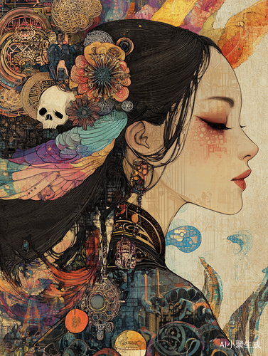 Data Flow Portrait of Anna Dittmann with Fractal Patterns and Peking Opera Influence