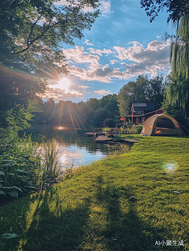 超真实渲染的夏季湖泊家庭花园露营场景