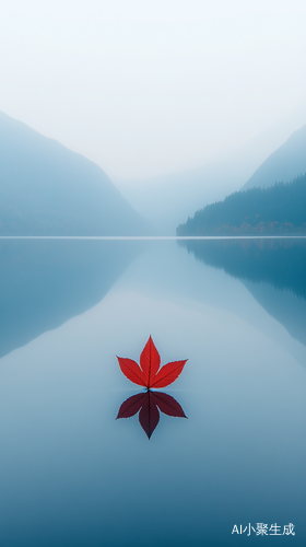 抽象风景，平静湖面倒映山脉，一片红色的枫叶在水面上，蓝灰柔和渐变，极简细节，三分法布局，冷色调，长焦镜头，逆光，慢快门，空灵氛围