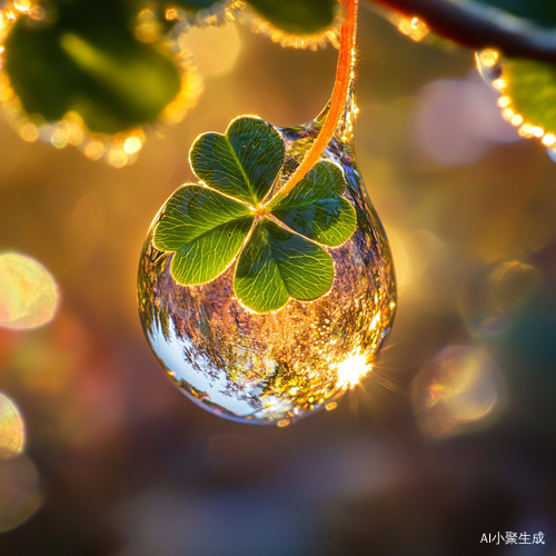 一滴水珠包裹里一片四叶草的特写镜头,五光十色,阳光折射后的景色。漂亮的美妙。