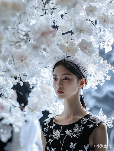 In the glamorous Paris Fashion Week's fashion design exhibition, a stunning Chinese female model steps onto the stage like a work of art. Her ensemble is a masterpiece of design. From head to toe, the color palette is dominated by classic black and white, creating a timeless and elegant contrast. Delicate, dense flowers are intricately embroidered across the fabric, their petals seemingly about to flutter in the breeze. Tiny butterflies, with their three - dimensional and abstract shapes, appear as if t