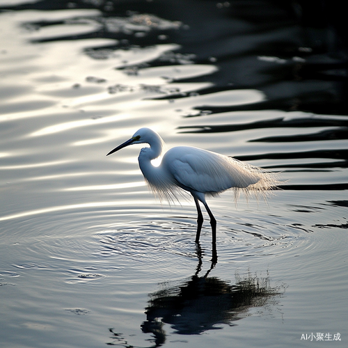 宁静的水乡，水面上漂浮着一块块葑田。一只身姿优雅的白鹭闲适地伫立在葑田之上，它那洁白如雪的羽毛在阳光下闪耀着柔和的光，修长的双腿稳稳地支撑着身躯，宛如一位圣洁的仙子。偶尔，远处归航的船只缓缓驶来，船桨划动水面，泛起层层涟漪。白鹭受惊，扑闪着宽大的翅膀，轻盈地飞离葑田，在空中划出一道优美的弧线。待船只远去，它又翩翩飞回。白鹭对着波光粼粼的水面顾影自怜，它的霜姿不仅引得旁人喜爱，连自己在水中的倒影都让它心生怜惜。