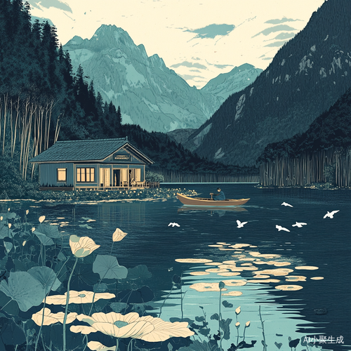 画面中,一座清幽的山间小屋坐落于山水之间,主人偏爱这山林野趣,故而不购置城中的土地。屋后,一艘小船常年撑在那里,主人因不喜应酬来客,便以此为避世之径。时值秋末,池塘里荷叶稀疏,残梗在秋风中微微摇曳,透露着秋事将尽的萧索。远处的湖面波光粼粼,几只鸥鹭在水面上悠然游弋。主人公驾着小船,缓缓划过湖面,与这些自在的鸥鹭相伴,一同在这宁静的时光里度过这渐入尾声的年岁,尽显超脱尘世的闲适与淡然。