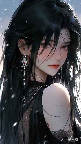 动漫美丽的女士,黑色长发,在清晰的新流行插图的风格,现实而富有想象力,超现实的精度,有留白,半身照,非常漂亮,