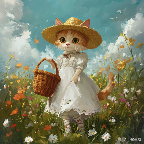画一只穿着白色裙子的可爱猫咪,站在花田中,戴着草帽帽子,穿着高跟鞋,全身,提着小箩筐,竖版