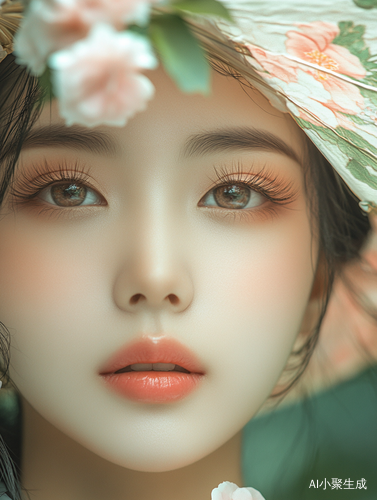 一中国人美女,五官精致美丽,漂亮眼睛长睫毛,粉红嘴巴,超广角镜头。