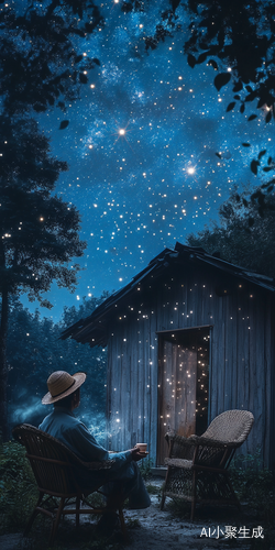 【AI提示词】 午夜星河童话,广角仰拍深蓝色天幕缀满钻石星辰,银河如液态蓝丝绒倾泻流淌,木质尖顶小屋被月光镀上银边,烟囱飘出萤火虫光带与星轨缠绕。门前复古藤编躺椅上,戴草帽的老人仰望苍穹,手边热茶蒸腾出靛蓝色雾气粒子,波斯菊在脚边随星风轻摇。8K超清画质捕捉苔藓木纹与银河倒影,长曝光拍摄使北斗七星拖拽出冰蓝色光痕,流星群穿透薄雾形成渐变光矛,浅景深虚化让远处针叶林化作朦胧剪影,冷调梦幻滤镜叠加星云虹彩光效,草叶间悬浮的发光孢子如微型星群闪烁。