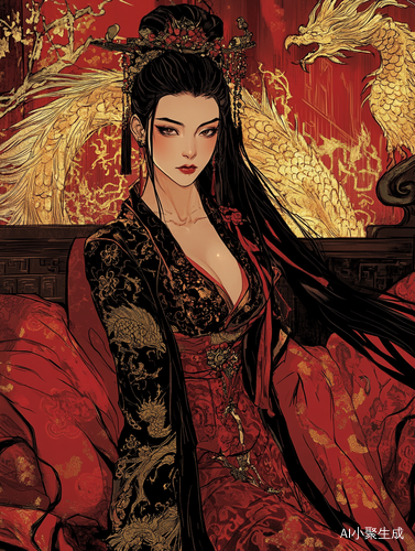 漫画风格,中国古代一位皇后,玉骨冰肌,眼睛宛若秋水一般,清澈、明亮,肌肤胜雪,黑发,绝美的容貌,完美的身材,面色潮红,诱惑,可以看到全身,秀脚长腿,丁字裤,火红的肚兜绣着星星点点的凤凰,背景是古木大床,鲜红装饰,完美构图,高清质量