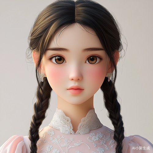 帮我生成一张图片:一个3D古风女生长相甜美灵动,有一双清澈明亮的大眼睛,眼尾微微上扬,透着机灵与纯真。肤色白皙,五官精致小巧。她的头发乌黑亮丽,常梳成两条精致麻花辫垂在肩头,发尾用淡粉色的丝带系着,显得俏皮可爱。身着简约而不失精致的服饰,以深色系为主,比如淡粉色的上衣搭配白色的裙裤,衣服上绣着精致的小花图案,外搭一件轻薄的白色纱衣,增添了几分灵动飘逸之感。配饰精致,仅有一对银色的小巧耳坠,更显清新自然。皮克斯工作室风格的肖像摄影,半身照,3D渲染,8K,最佳画质,超级详细,。比例 9:16。