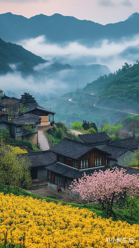 桃花源记，高清微观模型；拟态山水，中式建筑，山，花，河，盆景，江南风光，烟雨，村舍，生动的色彩，倾斜摄影那片花田绚丽夺目，广西卡斯特地貌，仿佛是大自然亲手绘制的绝美画卷，逼真得让人仿佛能嗅到芬芳。桂林的山水宛如仙境，青葱的山峦与澄澈的河流相互映衬。古朴的平房错落有致地坐落在其间，宁静而祥和。五颜六色的花竞相绽放，在微风中轻轻摇曳，似在诉说着春天的故事。蓝天白云，阳光照射在大地上光彩夺目。蜿蜒的河流潺潺流淌，水波荡漾，清澈见底。这一切都被高清的镜头捕捉下来，远景照片更是将这片美景的辽阔与恢弘展现得淋漓尽致。这完全是实景拍摄，仿佛一场令人陶醉的真人秀。超高清，超广角镜头，现代器材拍摄，超级写实春天，一个黄色的油菜花地，里面有很多油菜花，矗立在一座被群山和云朵环绕的山地上的老房子前。附近开着一棵白色的小梨树，周围有雾。传统农舍旁边还种着其他果树。一张安静的照片，用高清摄影和高分辨率拍摄 ar 9:16 style raw v 6.1昔宁静田园风光，金色稻田与绿色山脉交相辉映，薄雾缭绕，远处山峰若隐若现。民房点缀其间，屋顶瓦片细腻可见，周围自然环境原始质朴。画面中央，有一条蜿蜒小路，增添了一丝生活气息。整体色调柔和，