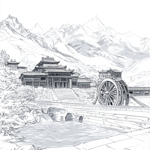 极简线稿插画，丽江木府全景建筑群，明代纳西官邸飞檐错落，几何化雕梁结构疏密有致，后方玉龙雪山锯齿状雪峰凌空，冰川纹理以断线勾勒，前景古旧水车辐条旋转，水流曲线环绕石砌基座，茶马古道斜穿画面，石板蹄印与驼铃符号点缀，单色线条粗细对比，建筑刚劲直线与雪山冷峻块面呼应，水流古道柔弧交织，纳西文明与马帮历史时空交融，不要复杂，简约大气，只要线稿，黑白