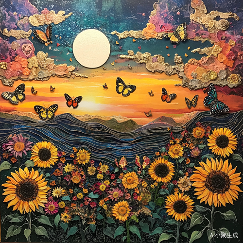夕阳下的层次感向日葵与蝴蝶