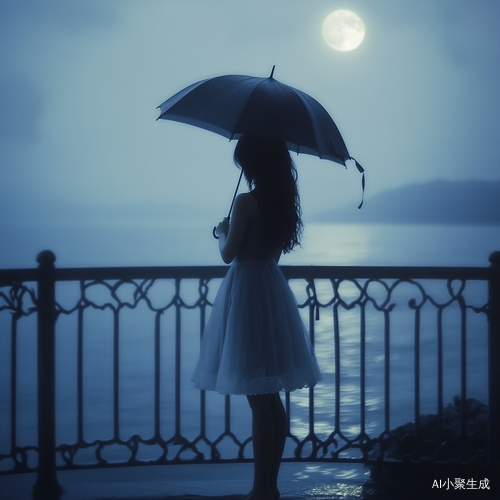 少女侧身立于深蓝色钢桥上，手持透明雨伞，远处海面银月高悬，细雨朦胧，钢桥栏杆泛金属光泽，衣着黑白渐变长裙。style raw ar 9:16