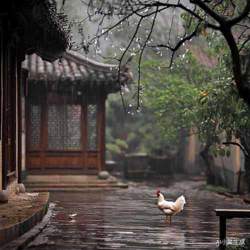 春雨如丝，细密地飘洒着，天地间仿佛笼罩着一层薄纱。一座古朴的衡门孤零零地立在那里，静静地接受着春雨的洗礼。衡门的木质纹理在细雨的润泽下，显得更加深沉。庭院中，一只毛色洁白如雪的鸡，迈着悠闲的步伐，在湿漉漉的地面上留下一串脚印。随后，它轻盈地扑扇着翅膀，飞上了一旁的树梢。站在枝头，它引颈长啼，清脆的啼鸣声在寂静的春雨中回荡，打破了周遭的宁静，给这如诗的画面增添了几分生机与灵动。