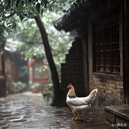 春雨如丝，细密地飘洒着，天地间仿佛笼罩着一层薄纱。一座古朴的衡门孤零零地立在那里，静静地接受着春雨的洗礼。衡门的木质纹理在细雨的润泽下，显得更加深沉。庭院中，一只毛色洁白如雪的鸡，迈着悠闲的步伐，在湿漉漉的地面上留下一串脚印。随后，它轻盈地扑扇着翅膀，飞上了一旁的树梢。站在枝头，它引颈长啼，清脆的啼鸣声在寂静的春雨中回荡，打破了周遭的宁静，给这如诗的画面增添了几分生机与灵动。