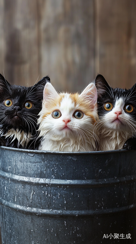 三只浑身湿透的猫泡在水桶里露出害羞表情的精彩瞬间