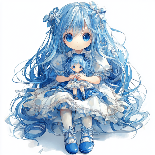 可爱小女孩蓝色长发蓝白裙子抱玩偶