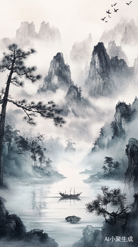 淡墨山水暮色描绘静谧意境