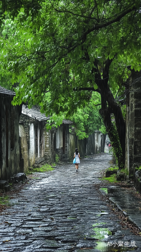 幽深小路上的年轻女孩与雨中古村落的宁静之美