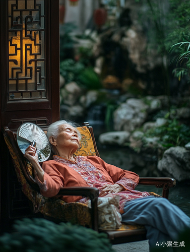 夏日小院老奶奶悠闲扇风的宁静时光