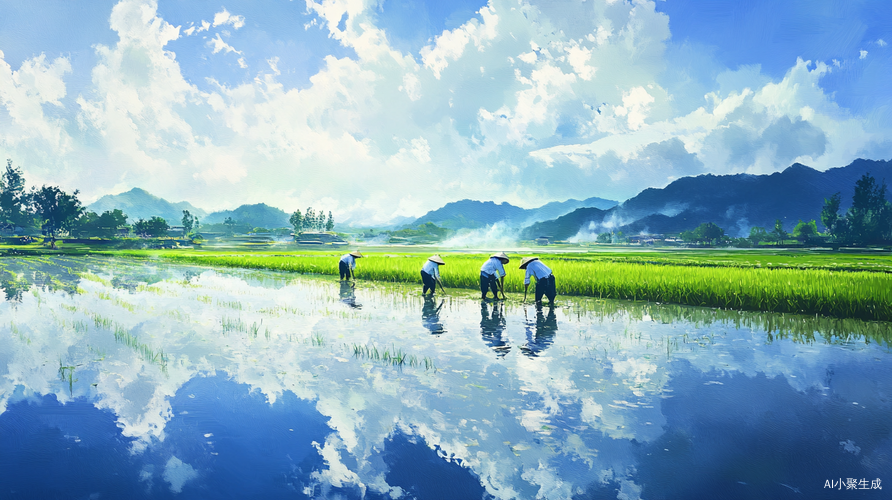 清晨稻田插秧的诗意乡村劳作风景