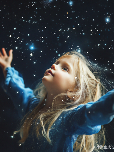 金发小女孩在星空下拥抱星光与流星