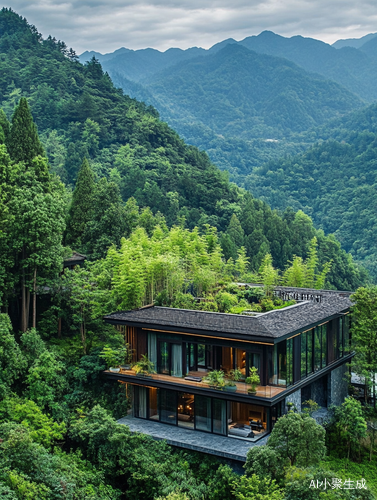 蓝溪山居群山环绕绿树成林高清摄影
