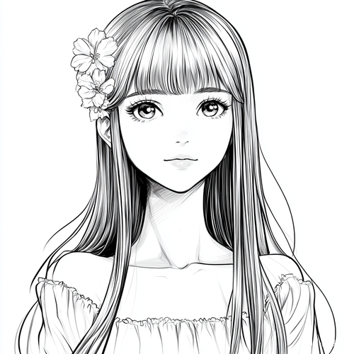 漫画风格女孩的线条艺术肖像与卡哇伊元素