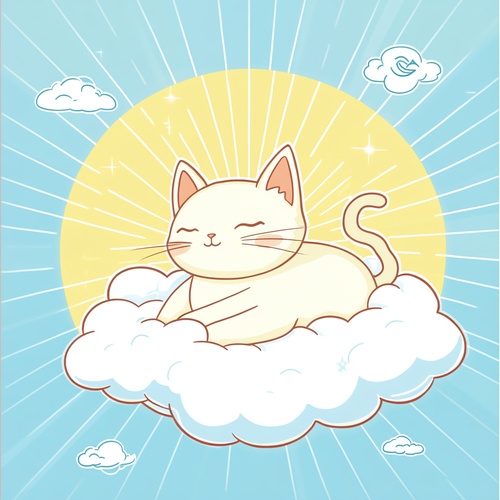 猫狄减压社品牌logo，围绕一个可爱的猫咪形象，猫咪舒适地躺在柔软的云朵上，背景是宁静的蓝天和轻柔的阳光，附有减压主题的元素，例如冥想符号和轻松的字体，色彩以柔和的粉蓝和温暖的黄色为主，传递出放松与愉悦的氛围。